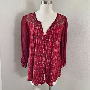 Lucky Brand Womens Plus XXLEmbroidered Boho Peasant Blouse Shirt 3/4 Sleeve
